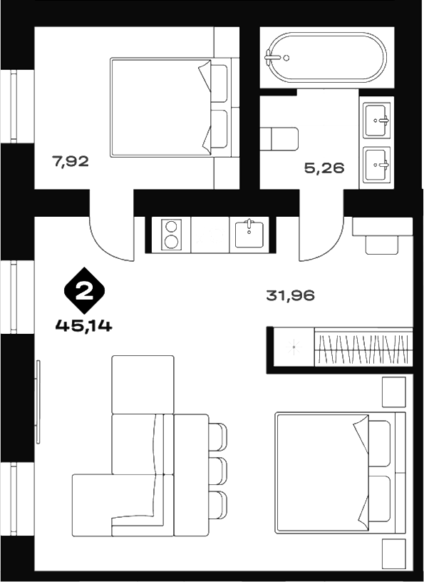 Планировка 1-к.кв, 45,14 м² в ЖК Баден-Баден Еткуль